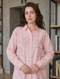 Shirt with Floral Embroidery and Stone Work Details - Pink