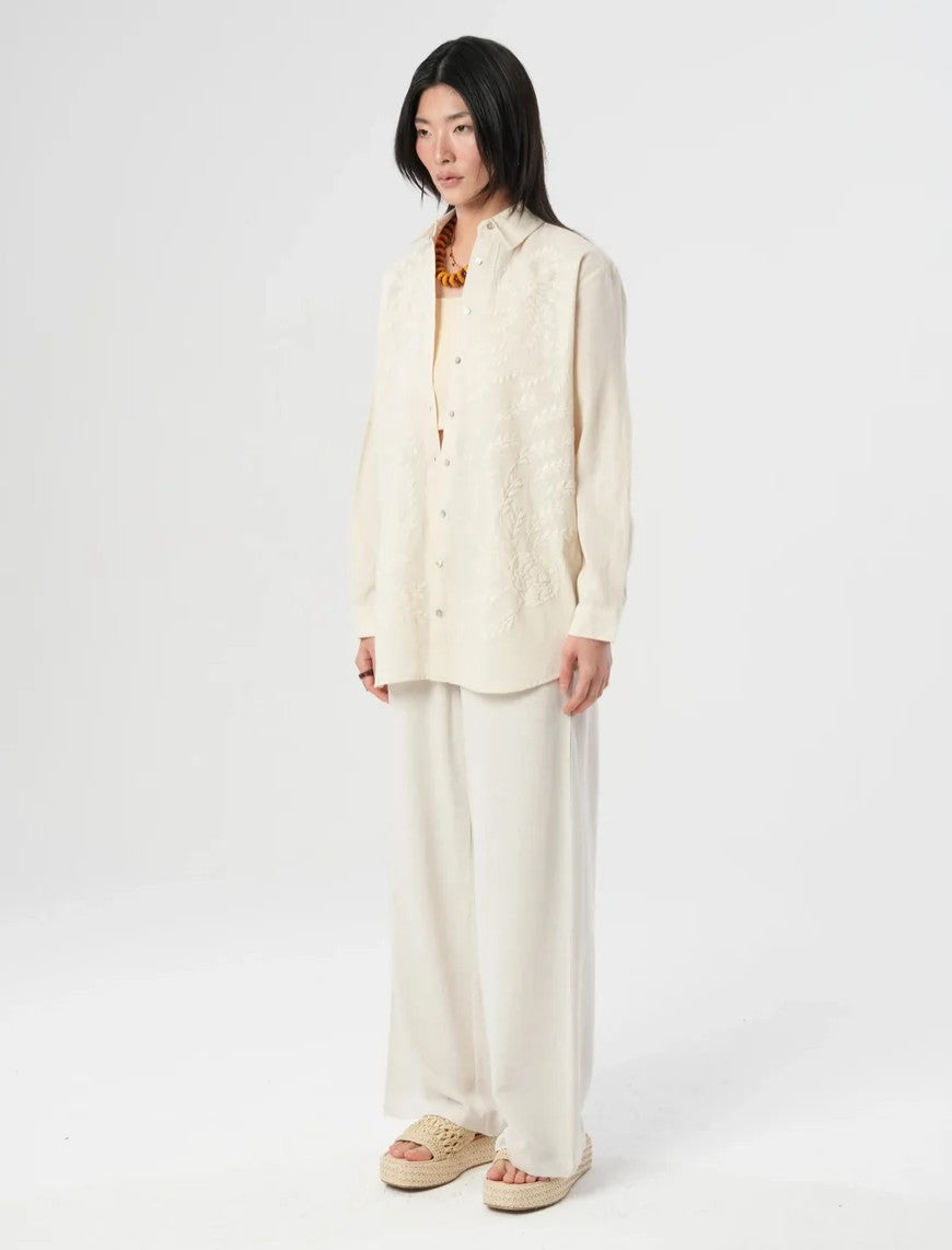 Oversize Linen Shirt with Embroidered Details - Off White