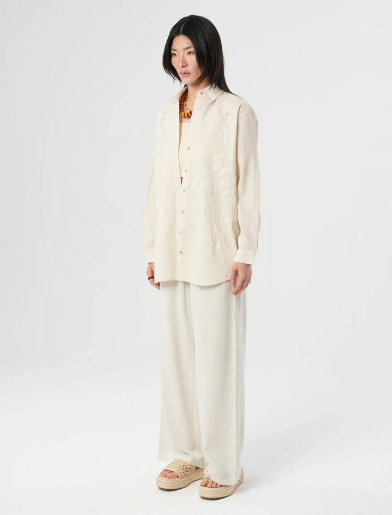 Oversize Linen Shirt with Embroidered Details - Off White