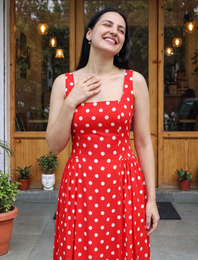 Polka Dot Dress With Waist Gathers - Red