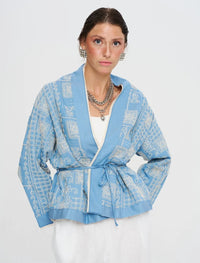 Premium Short Kimono with Ethnic Embroidery and Belt - Blue