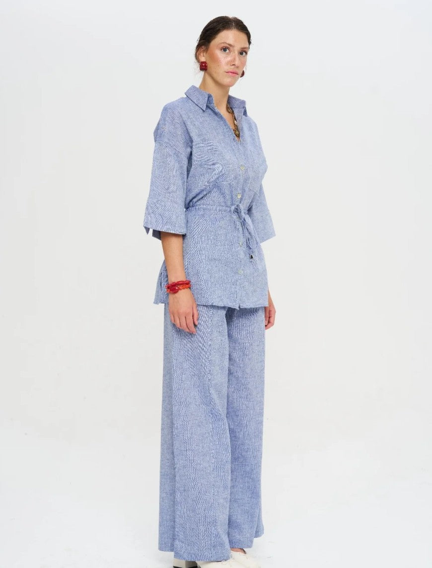 Indigo Linen Women's Shirt with Belt - Blue