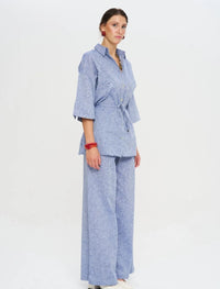 Indigo Linen Women's Shirt with Belt - Blue