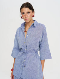 Indigo Linen Women's Shirt with Belt - Blue