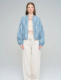Women's Bomber Jacket with Floral Embroidery - Blue