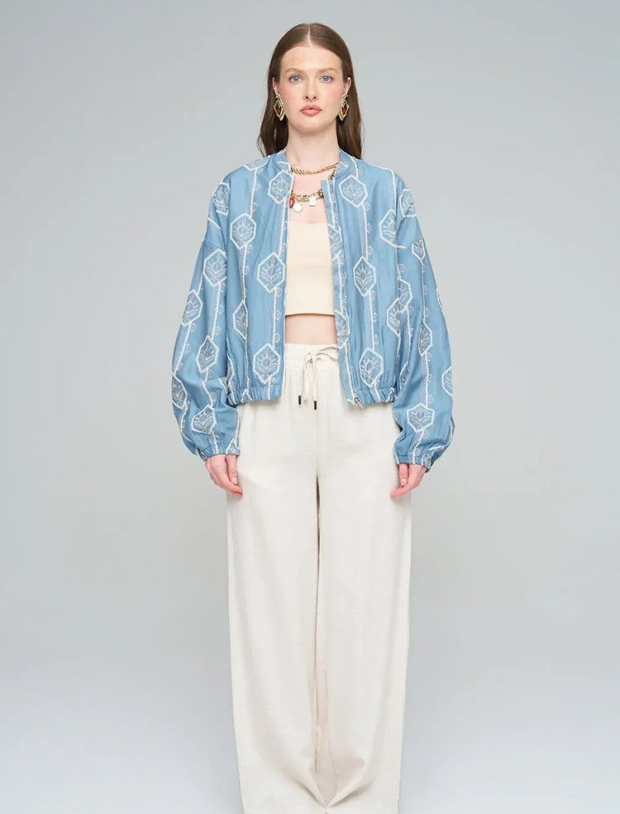 Women's Bomber Jacket with Floral Embroidery - Blue