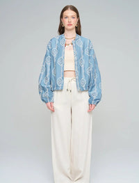 Women's Bomber Jacket with Floral Embroidery - Blue