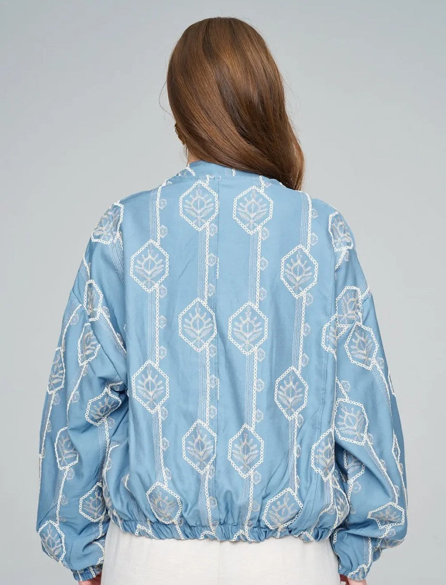 Women's Bomber Jacket with Floral Embroidery - Blue