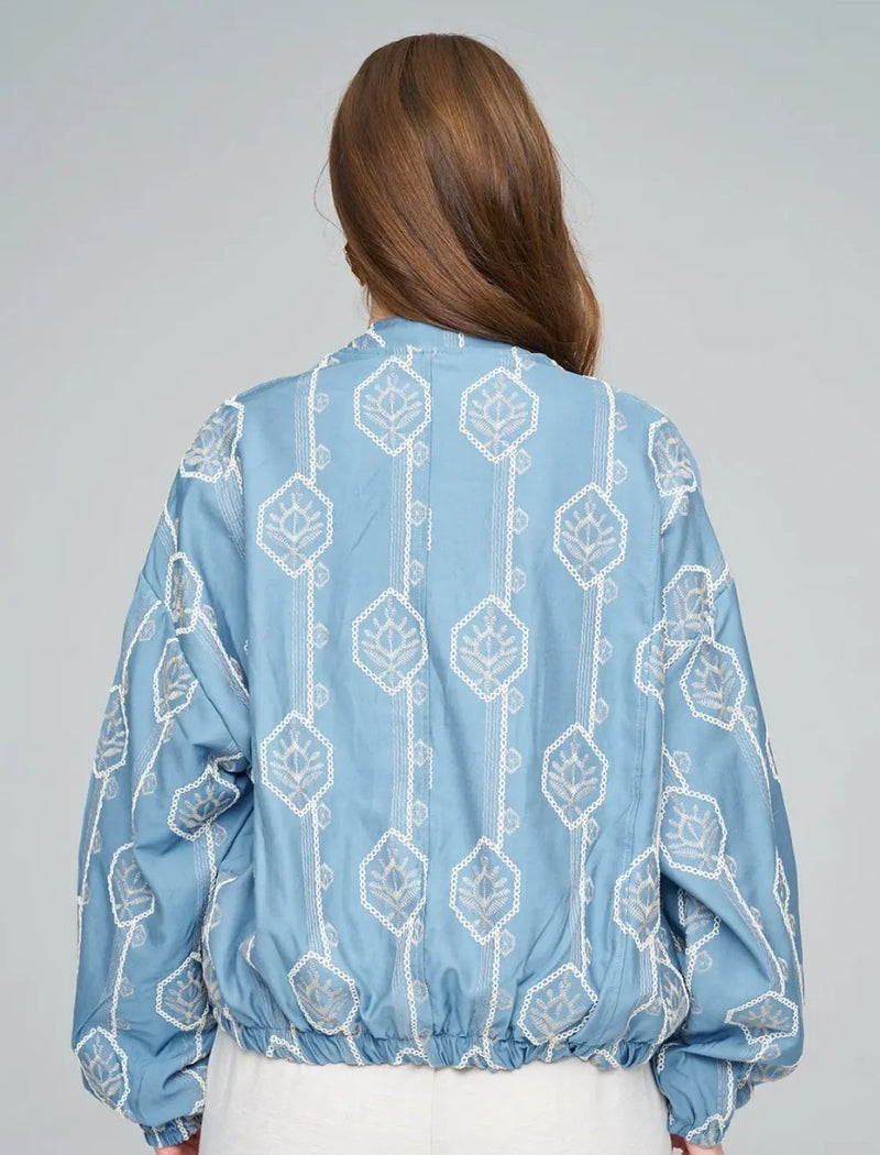 Women's Bomber Jacket with Floral Embroidery - Blue