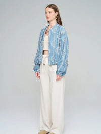 Women's Bomber Jacket with Floral Embroidery - Blue
