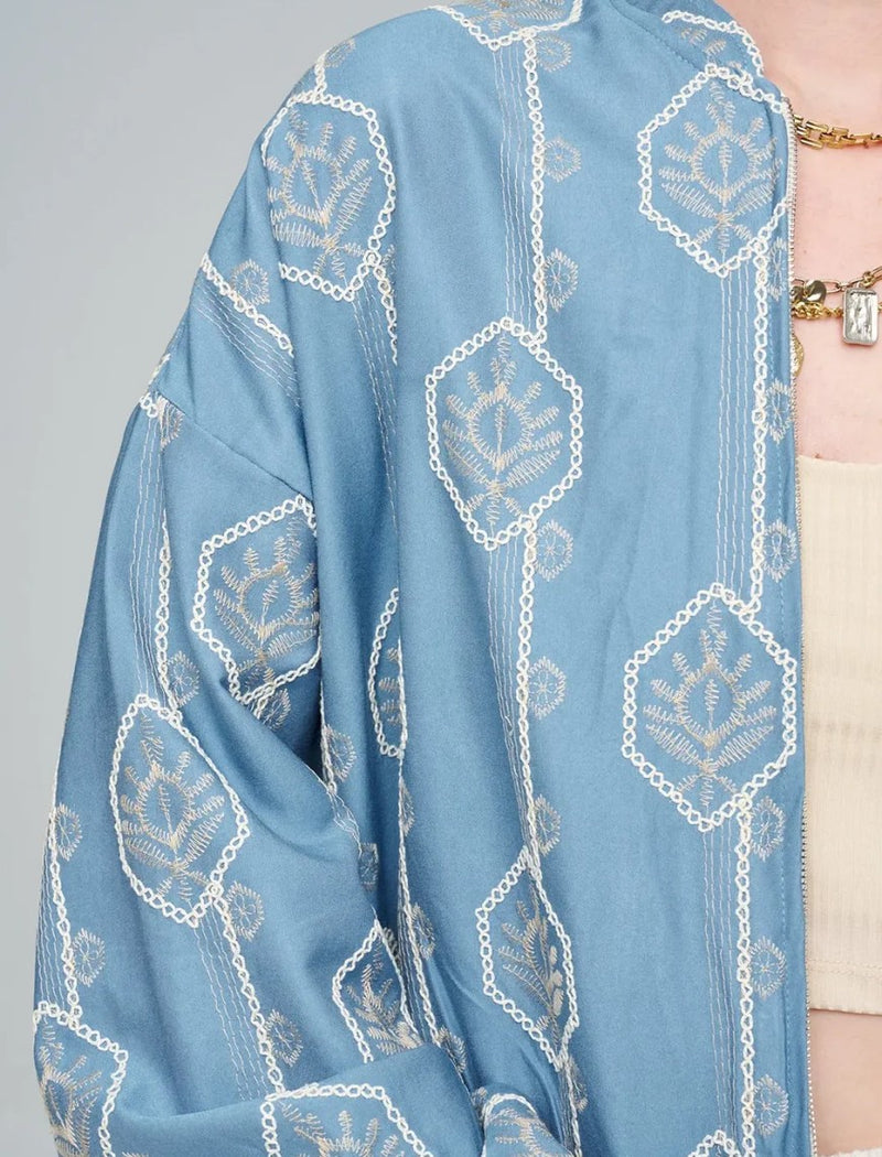 Women's Bomber Jacket with Floral Embroidery - Blue