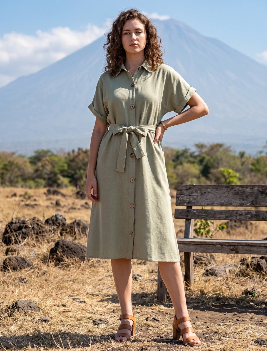 Indigo Tie Hemp Linen Shirtdress - Green
