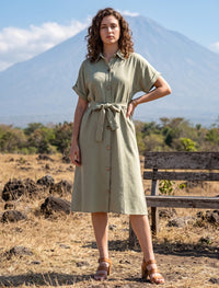 Indigo Tie Hemp Linen Shirtdress - Green