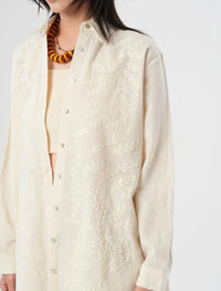 Oversize Linen Shirt with Embroidered Details - Off White