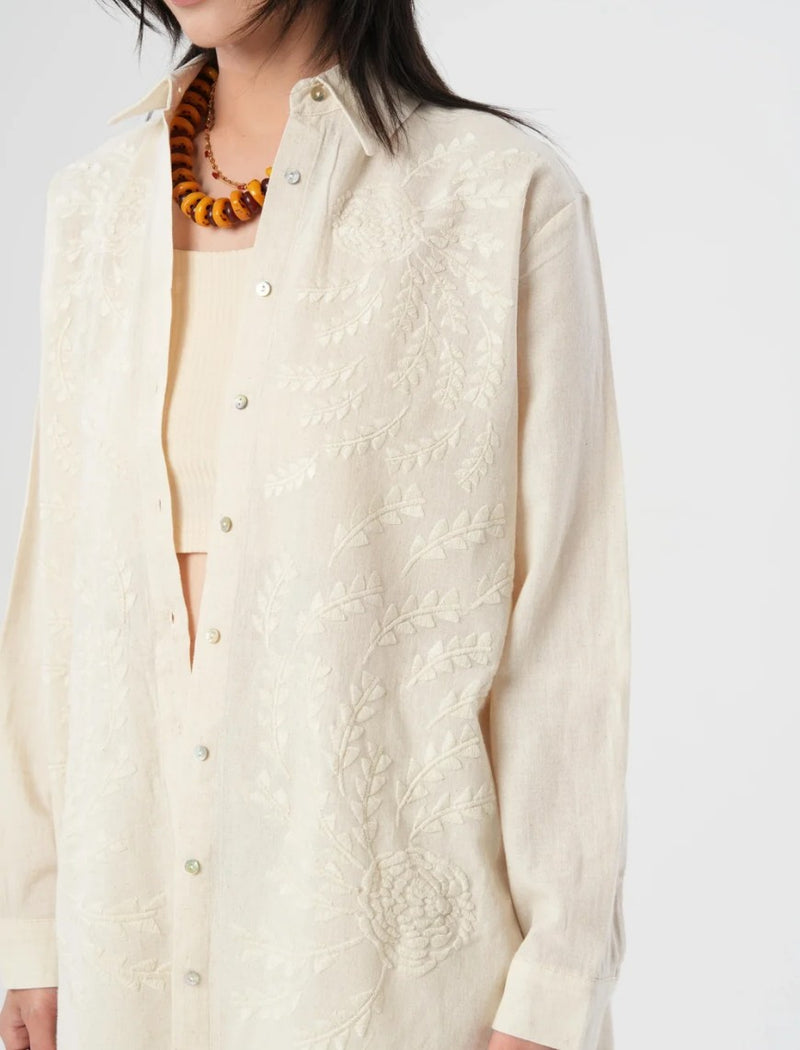 Oversize Linen Shirt with Embroidered Details - Off White