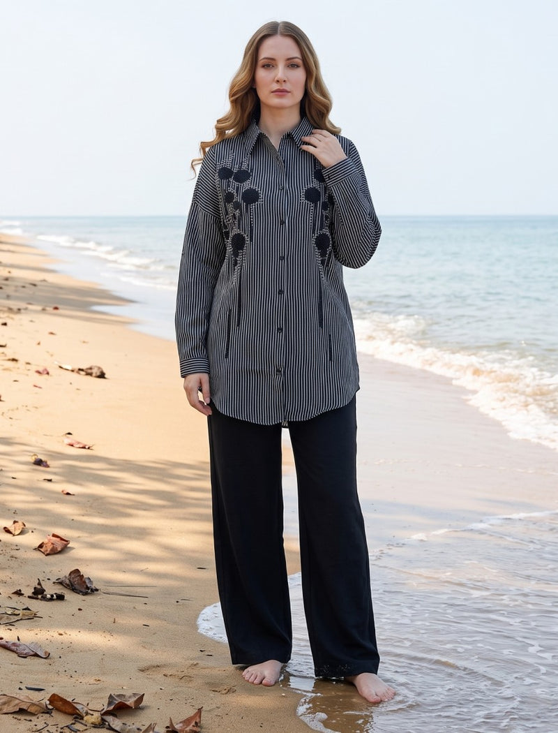 Oversize Stone Embellished Shirt - Black