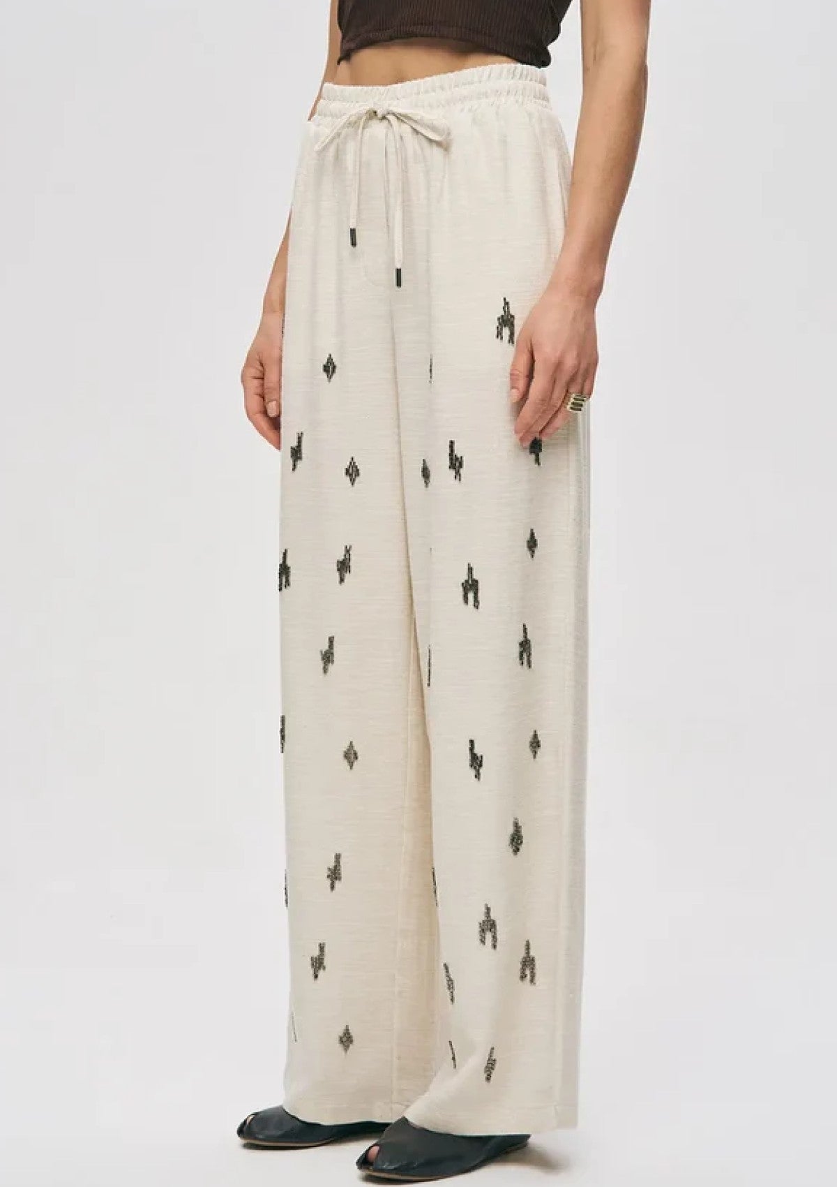 Elastic Waist Beaded Palazzo Trousers - Off White