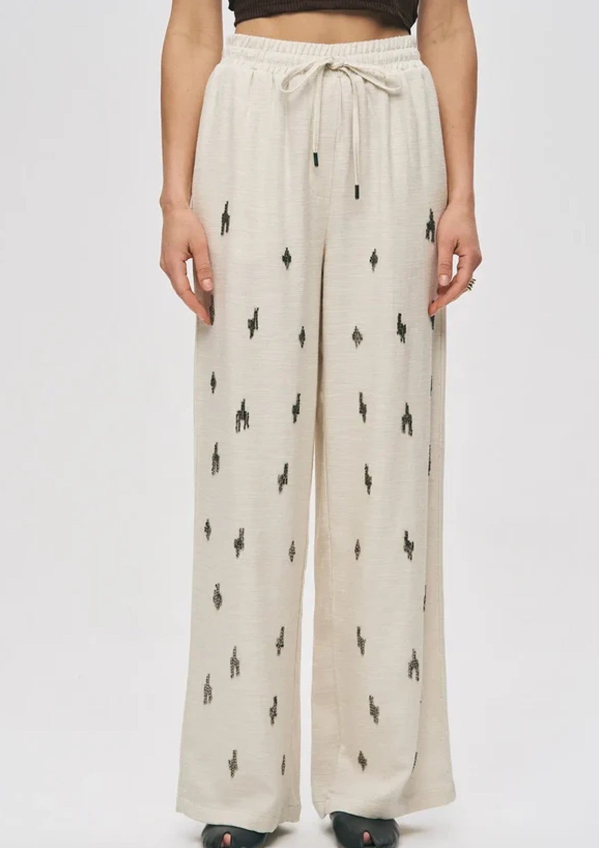 Elastic Waist Beaded Palazzo Trousers - Off White