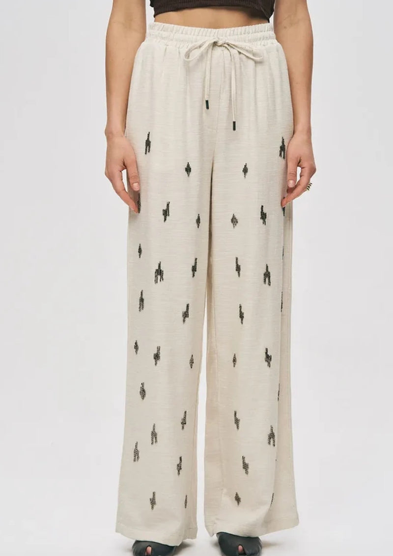 Elastic Waist Beaded Palazzo Trousers - Off White