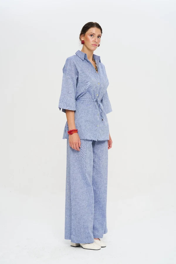 Indigo Linen Women's Shirt with Belt - Blue
