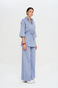 Indigo Linen Women's Shirt with Belt - Blue
