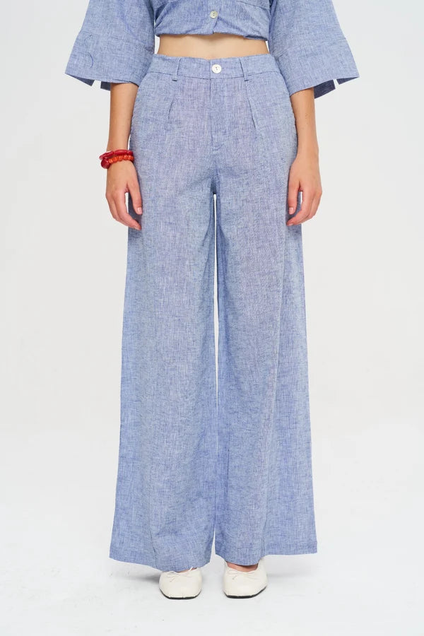 Linen Women's Palazzo Pants - Blue