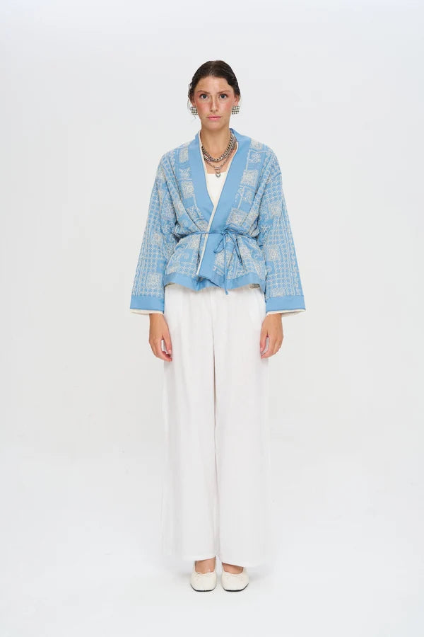Premium Short Kimono with Ethnic Embroidery and Belt - Blue